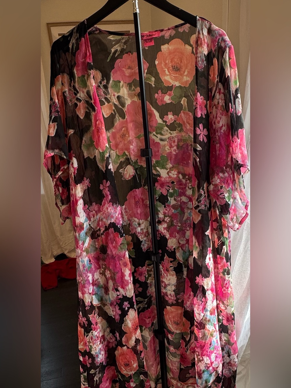 Betsey Johnson Black Sheer Floral Kimono with Pink and Peach Blossoms